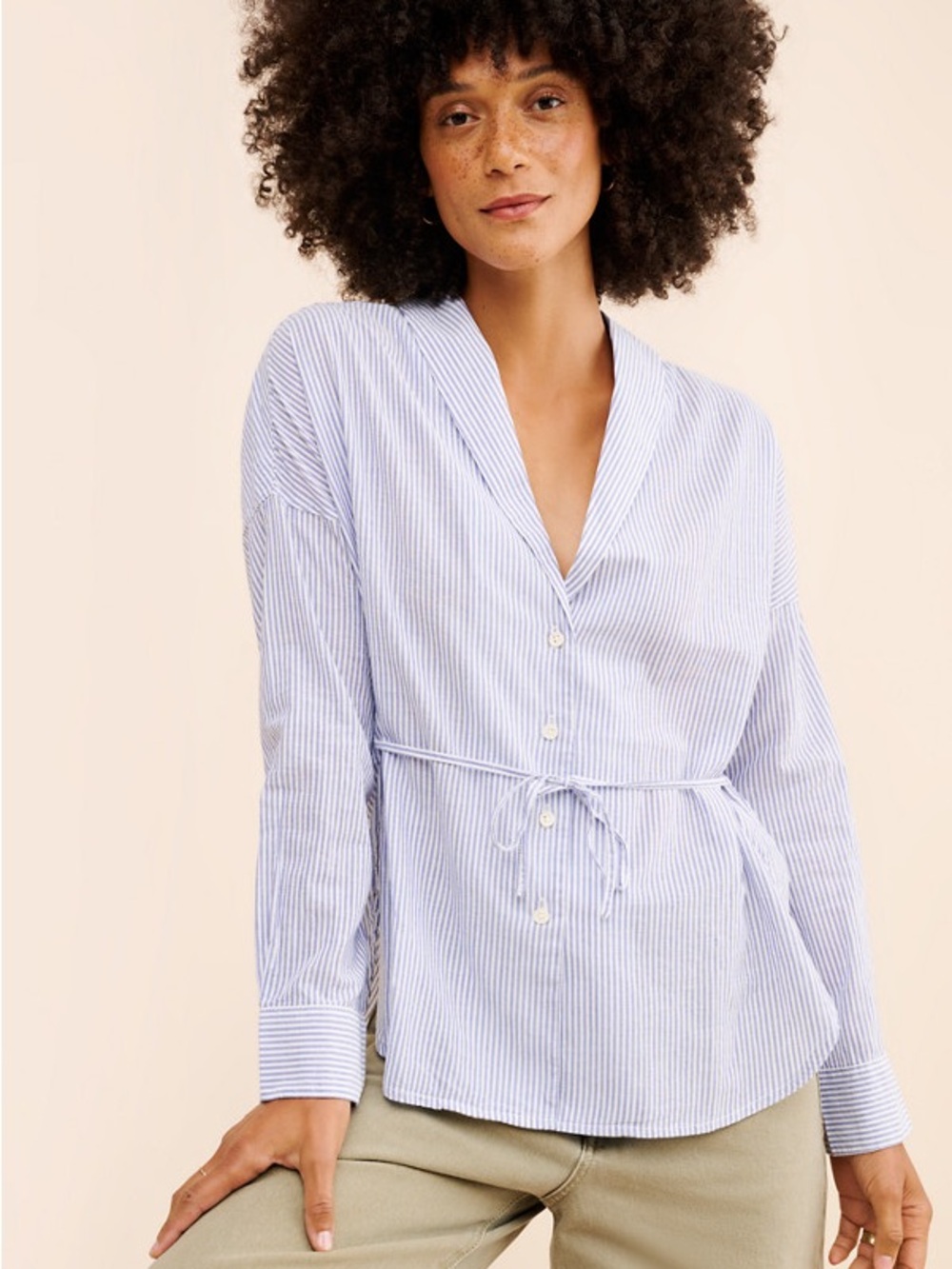 Alex Mill Carla Lapel Blue & White Striped Button Tie-Waist Blouse Size Medium
